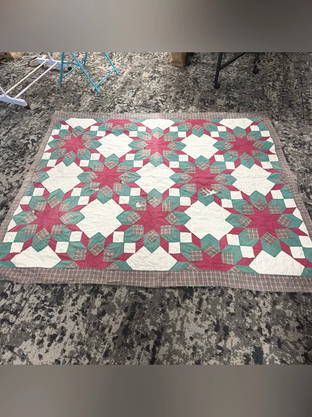 VTG Antique Very Old Quilt Blanket Patchwork 8 Pointed Stars 3D Hand Sewn 80x64”